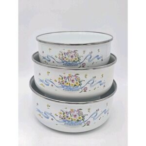 Vintage Enamel Floral Nesting Bowls 1980s Cottage Core Blue Ribbon Set Of 3
